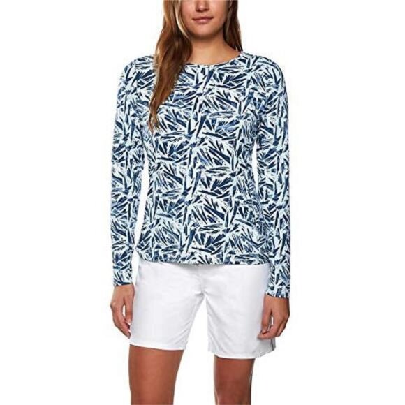 Hang Ten Tops - Hang Ten Womens Long Sleeve Rashguard (Palm Print Ballad Blue, Small)
